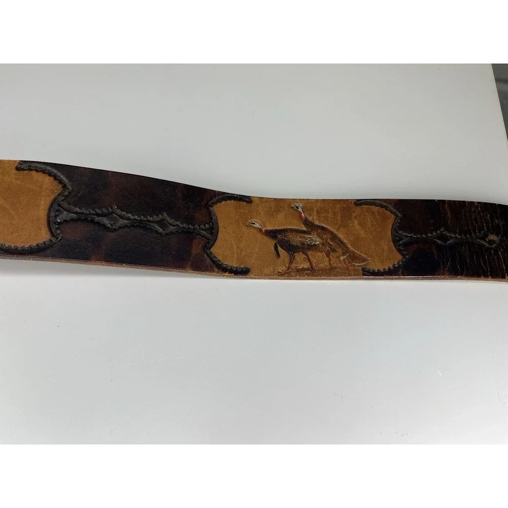 Steven L Knight Buckle Solid Bronze w/ Burned Leather Belt Turkey Bear Deer Hunt